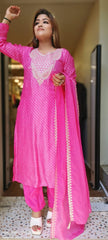 RFSS1505 -pink lehriya suit in organza with embroidery on the yoke.. comes with chiffon dupatta with border on all 4 sides.