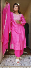 RFSS1505 -pink lehriya suit in organza with embroidery on the yoke.. comes with chiffon dupatta with border on all 4 sides.