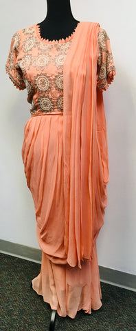 RFSS1042 - Heavy Party Wear Drape Style Chiffon Lehenga in Peach. Comes with heavy embroidered Blouse and Belt