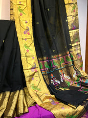 KSS201 - Pure Handloom Mercerized Cotton Saree in Black w/ Paithani Woven Borders and Pallu. Handloom Mark Certified.