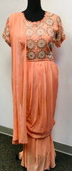 RFSS1042 - Heavy Party Wear Drape Style Chiffon Lehenga in Peach. Comes with heavy embroidered Blouse and Belt