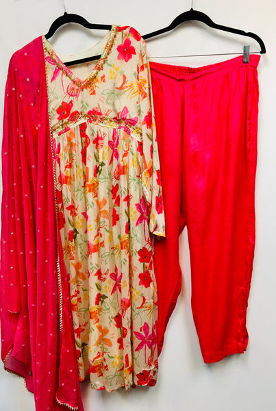 RBD004 - Orange Chinon floral printed alia cut Suit with chinnon pant. Comes with chiffon Dupatta