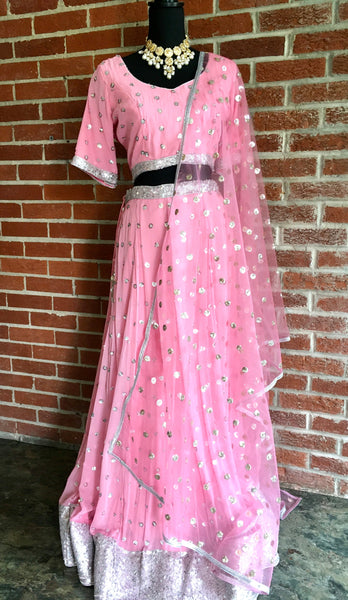 AFL1004 - Pure georgette pink lehenga in sequins embroidered comes net dupatta. Comes with stitched blouse