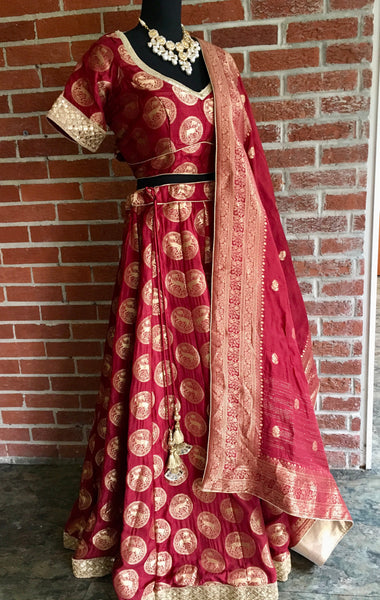 AFL1013 - Banarasi Silk Lehenga in Maroon comes with gold zari  work. Comes with banarasi silk dupatta. Comes with stitiched blouse