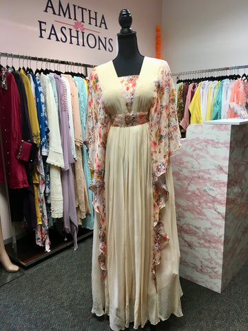 RFSS1325 - Chiffon Gown With Floral Print Kaftan Sleeves. Comes With Adjustable Belt.