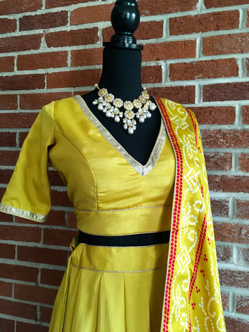 AFL1008 - Raw Silk Lehenga with pure gajji silk  Dupatta with digital Bandhej prints. Comes with stitched blouse