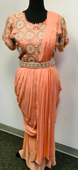 RFSS1042 - Heavy Party Wear Drape Style Chiffon Lehenga in Peach. Comes with heavy embroidered Blouse and Belt