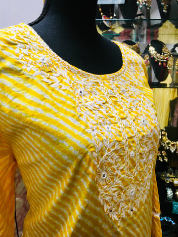 RFSS1301 - Cotton Lehriya Kurta With Embroidery On The Yoke