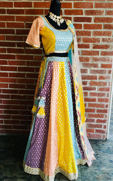 AFL1019 -Multicolor Banarasi panel  lehenga with blouse . Comes with a designer shaded embroided dupatta . Come with stitched blouse.