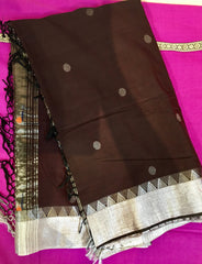 KSS205 - Pure Handloom Mercerized  Cotton Saree in Brown with silver borders with Paithani  Pallu. Handloom Mark Certified.