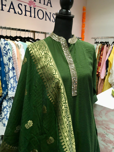 RFSS1208 - Muslin Suit in Sage Green with Embroidered Neckline. Comes with Pants and Banarasi Dupatta