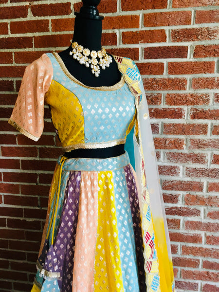 AFL1019 -Multicolor Banarasi panel  lehenga with blouse . Comes with a designer shaded embroided dupatta . Come with stitched blouse.