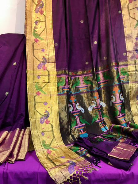KSS203 - Pure Handloom Mercerized Cotton Saree in Purple w/ Paithani Woven Borders and Pallu. Handloom Mark Certified.