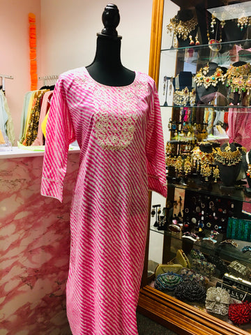 RFSS1301 - Cotton Lehriya Kurta With Embroidery On The Yoke