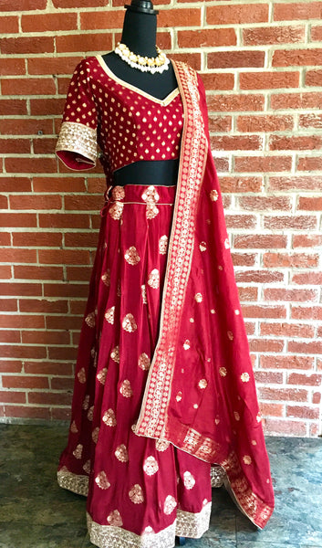 AFL1014 - Banarasi Silk Lehenga in Maroon comes with gold zari  work. Comes with banarasi silk dupatta. Comes with stitiched blouse