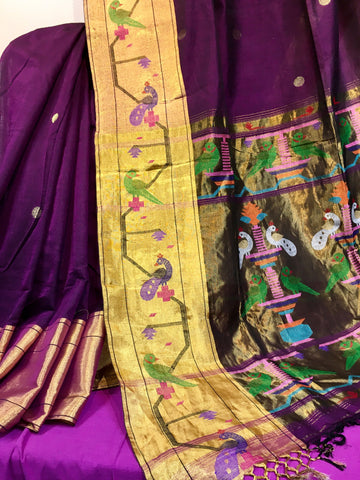 KSS203 - Pure Handloom Mercerized Cotton Saree in Purple w/ Paithani Woven Borders and Pallu. Handloom Mark Certified.