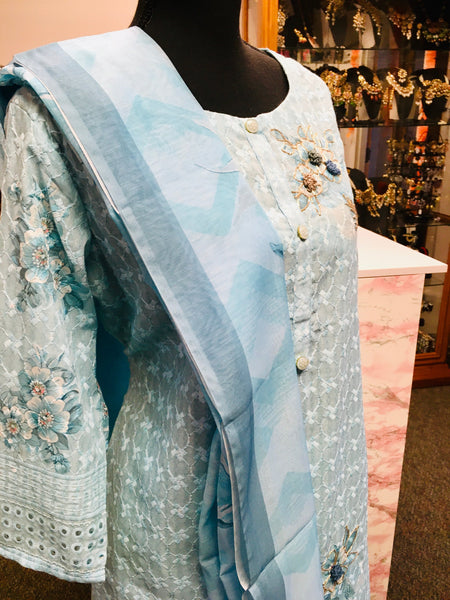 RFSS1324 - Soft Cotton Hakoba Kurta With Embroidery Win Sky Blue. Come With Pants And Dupatta