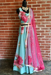 AFL1015 - Pure Chiffon floral prints lehenga. Comes with net sequins work dupatta. Comes with stitched blouse.