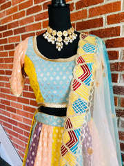 AFL1019 -Multicolor Banarasi panel  lehenga with blouse . Comes with a designer shaded embroided dupatta . Come with stitched blouse.