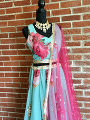 AFL1015 - Pure Chiffon floral prints lehenga. Comes with net sequins work dupatta. Comes with stitched blouse.