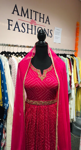 RFSS1229 - Georgette Bandhini Peplum Kurta in Dark Pink. Comes with Georgette Sharara and Dupatta and a hand embroidered belt