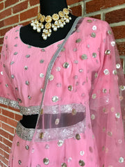 AFL1004 - Pure georgette pink lehenga in sequins embroidered comes net dupatta. Comes with stitched blouse