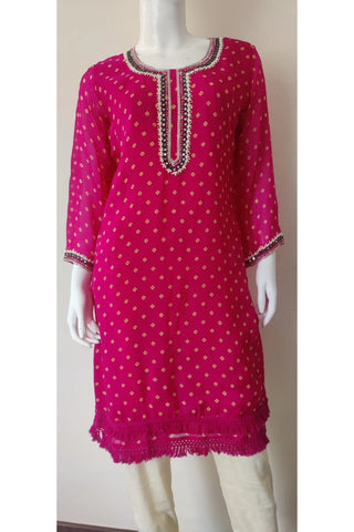 RFSS1352 - Silk Organza Bandhini Print Kurta with Mirror Embroidery on yoke.