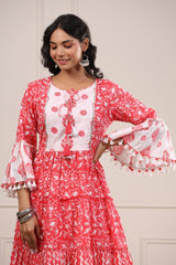 RFSS1215 - Red printed Kurta with Bell Sleeves. Comes with white printed Dhoti Pants