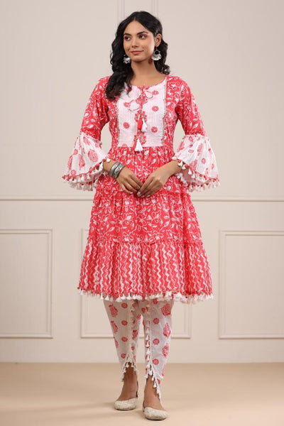 RFSS1215 - Red printed Kurta with Bell Sleeves. Comes with white printed Dhoti Pants