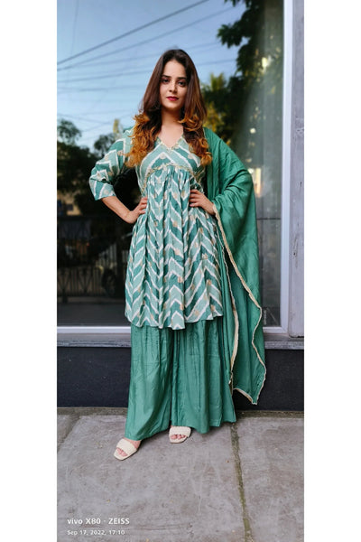 RFSS1222 - Muslin Suit in Sage Green with Peplum Kurta top, Sharara and Dupatta.