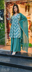 RFSS1222 - Muslin Suit in Sage Green with Peplum Kurta top, Sharara and Dupatta.