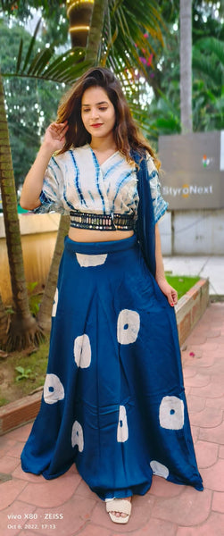 RFSS1226 - Shibori Print Crop Top with Batik Print skirt in Muslin. Comes with Chiffon Dupatta