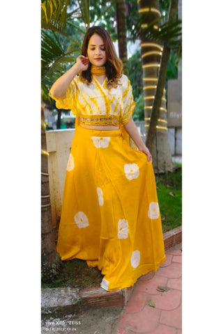 RFSS1226 - Shibori Print Crop Top with Batik Print skirt in Muslin. Comes with Chiffon Dupatta