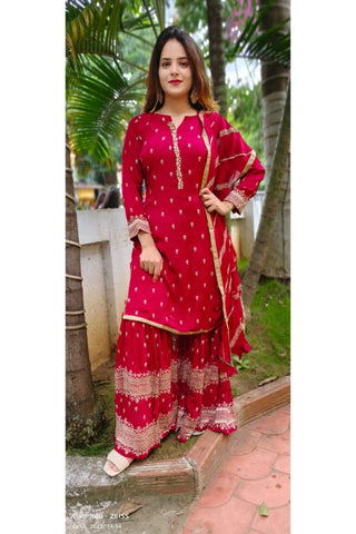 RFSS1239 - Chinon Silk Suit in Maroon with Embroidery. Comes with Embroidered Palazzo and Dupatta