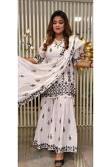 RFSS1406 - foil mirror thread embroided cotton kurta with sharara and dupatta